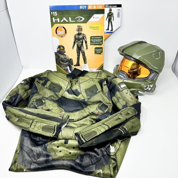 Halo Master Chief Halloween Costume 2 Piece Jumpsuit Mask Boy Medium (8-10) - Picture 2 of 9